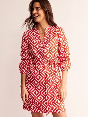 Boden Red & White Geometric Linen Dress